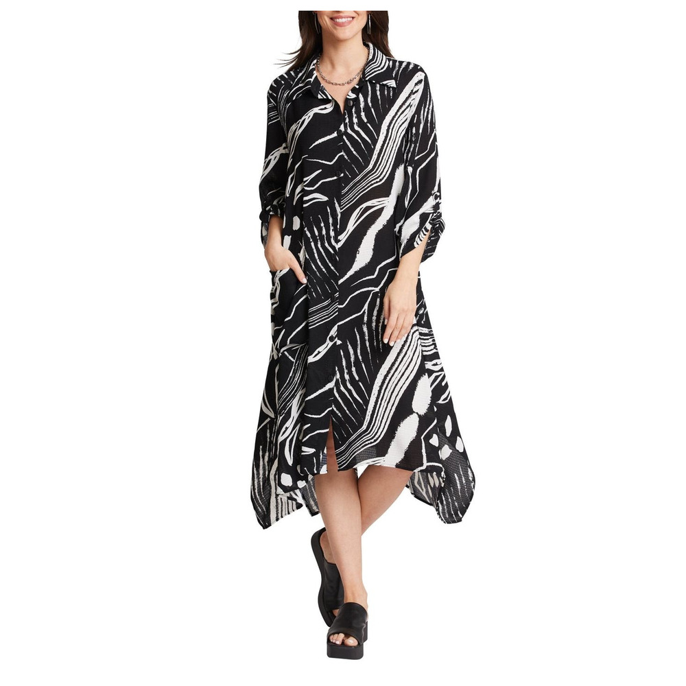 Women's Black and White Floral Duster Size M Button Up Dress Compli-K NWT